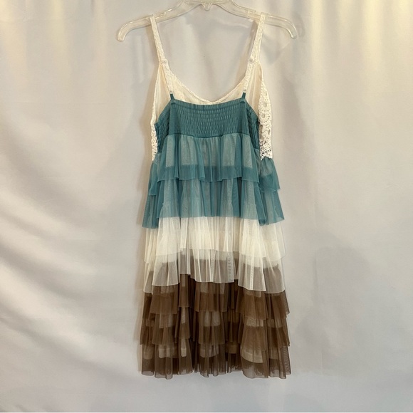 Babydoll Tiered Mini Dress, Cream/Teal/Brown, Size XL - Picture 5 of 7